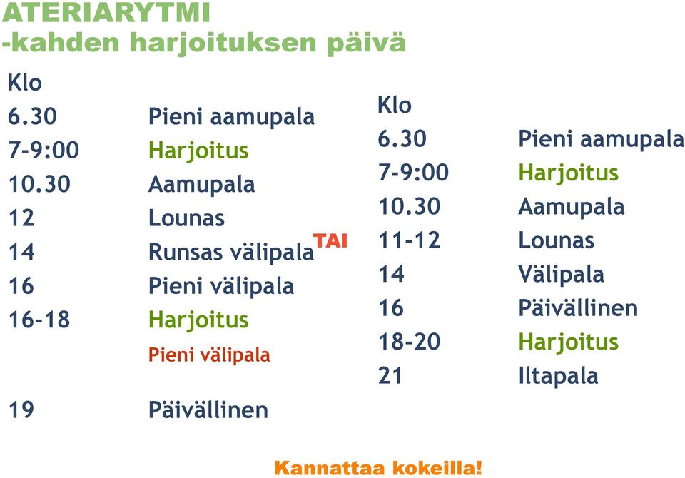 välipala 19 Päivällinen TAI Klo 6.30 Pieni aamupala 7-9:00 Harjoitus 10.