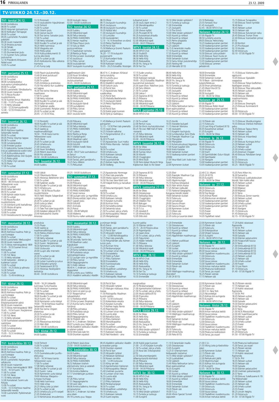 10 Presidentti Ahtisaaren Nobel-vuosi 13.05 Tv-uutiset 13.10 Runoraati 14.10 Jouluvaloihin höpsähtäneet 14.30 Tohtorit 15.00 Tv-uutiset 15.05 Ostarin joulu 16.00 Joonan kauriit 16.