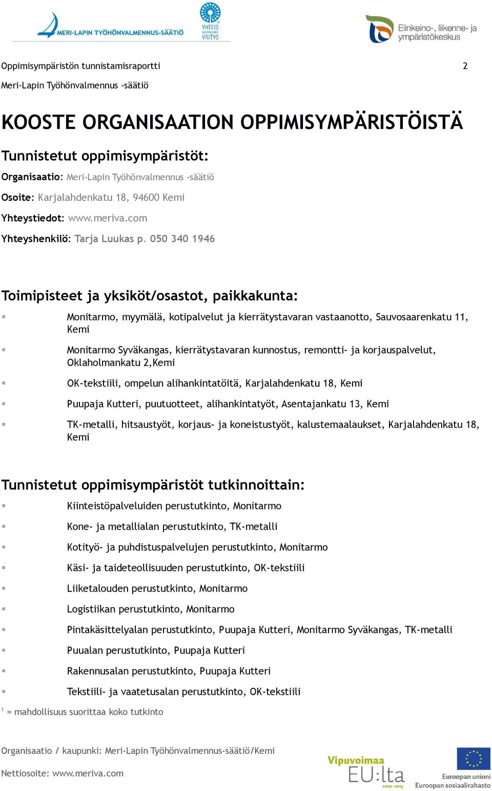 050 340 1946 Toimipisteet ja yksiköt/osastot, paikkakunta: Monitarmo, myymälä, kotipalvelut ja kierrätystavaran vastaanotto, Sauvosaarenkatu 11, Kemi Monitarmo Syväkangas, kierrätystavaran kunnostus,