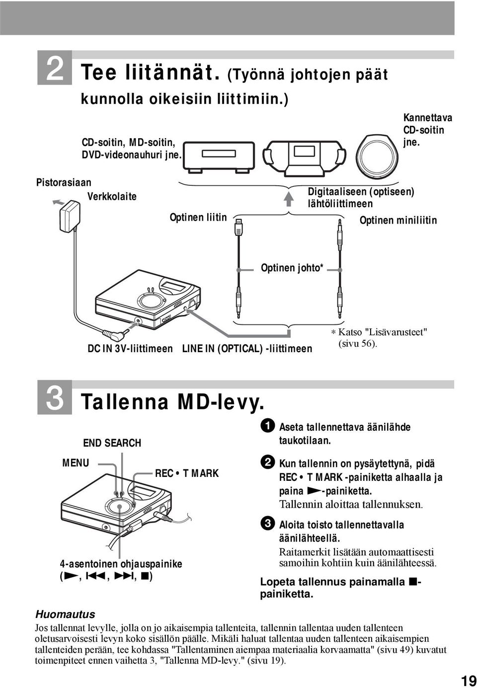 3 Tallenna MD-levy. MENU END SEARCH 4-asentoinen ohjauspainike (N,., >, x) REC T MARK 1 Aseta tallennettava äänilähde taukotilaan.