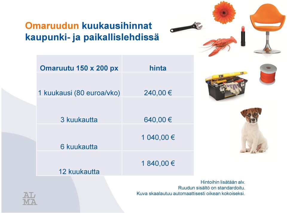kuukautta 12 kuukautta 1 040,00 1 840,00 Hintoihin lisätään alv.
