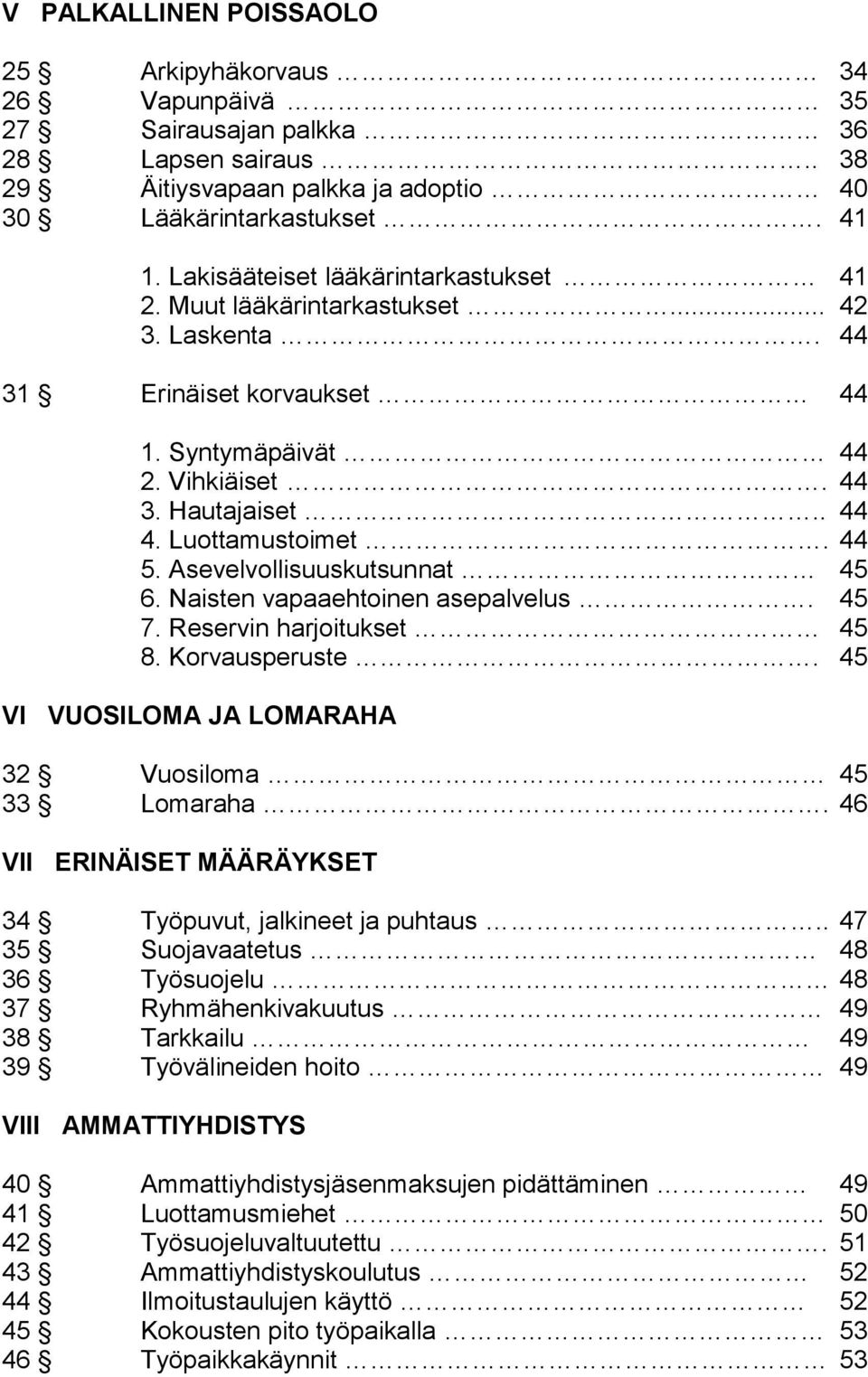 Asevelvollisuuskutsunnat 45 6. Naisten vapaaehtoinen asepalvelus. 45 7. Reservin harjoitukset 45 8. Korvausperuste. 45 VI VUOSILOMA JA LOMARAHA 32 Vuosiloma 45 33 Lomaraha.