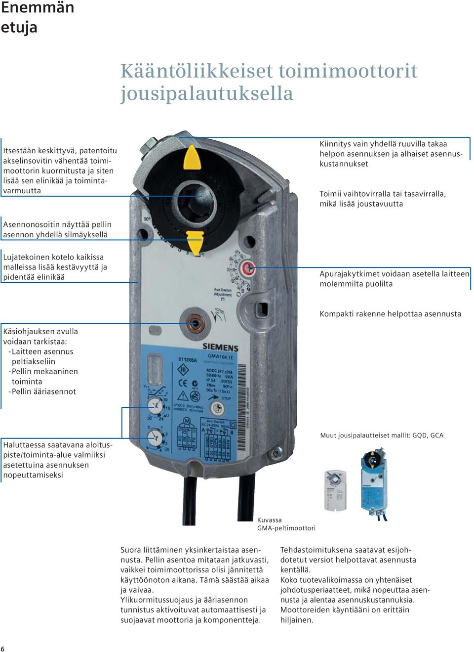 silmäyksellä Lujatekoinen kotelo kaikissa malleissa lisää kestävyyttä ja pidentää elinikää Apurajakytkimet voidaan asetella laitteen molemmilta puolilta Kompakti rakenne helpottaa asennusta