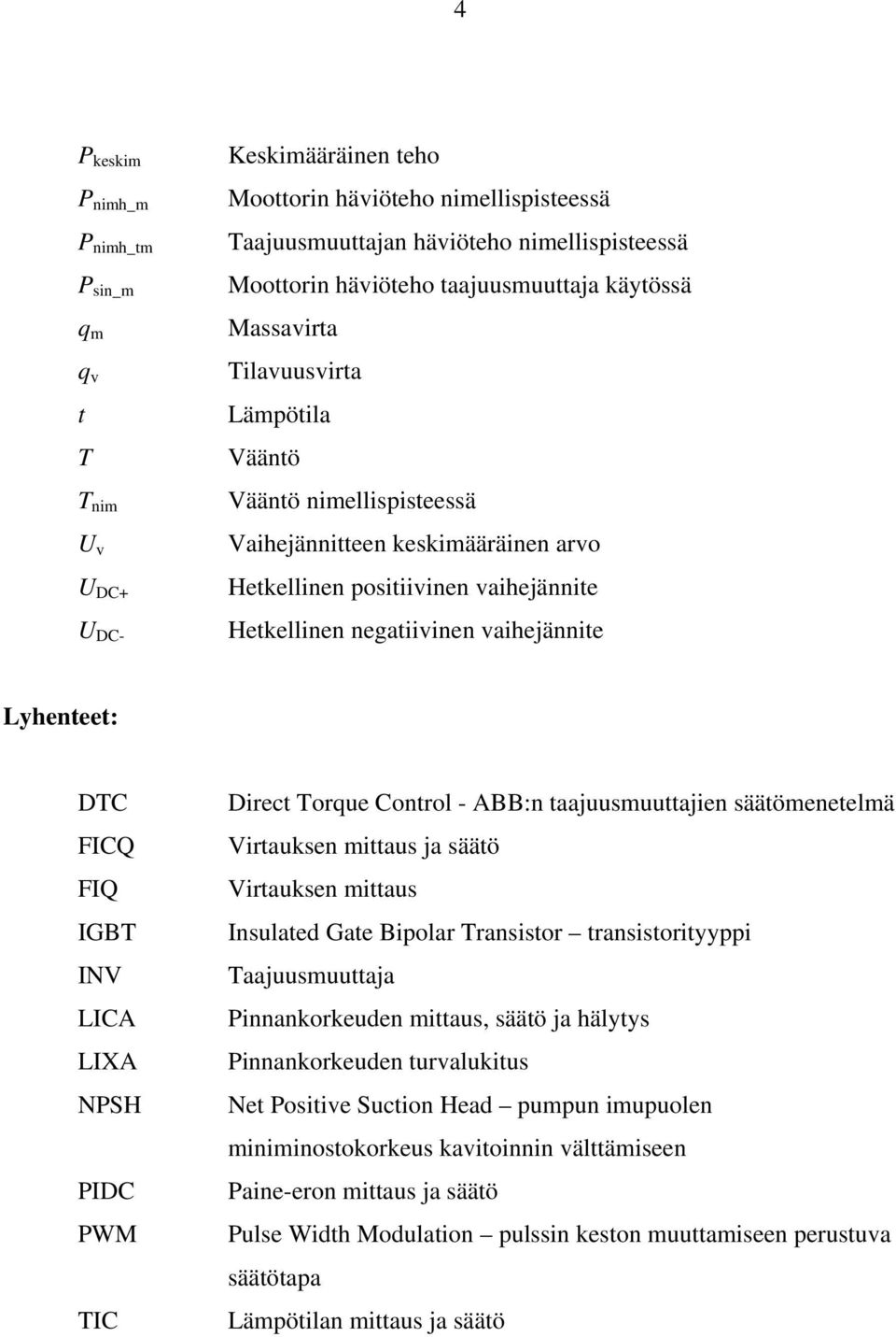 vaihejännite Lyhenteet: DTC FICQ FIQ IGBT INV LICA LIXA NPSH PIDC PWM TIC Direct Torque Control - ABB:n taajuusmuuttajien säätömenetelmä Virtauksen mittaus ja säätö Virtauksen mittaus Insulated Gate