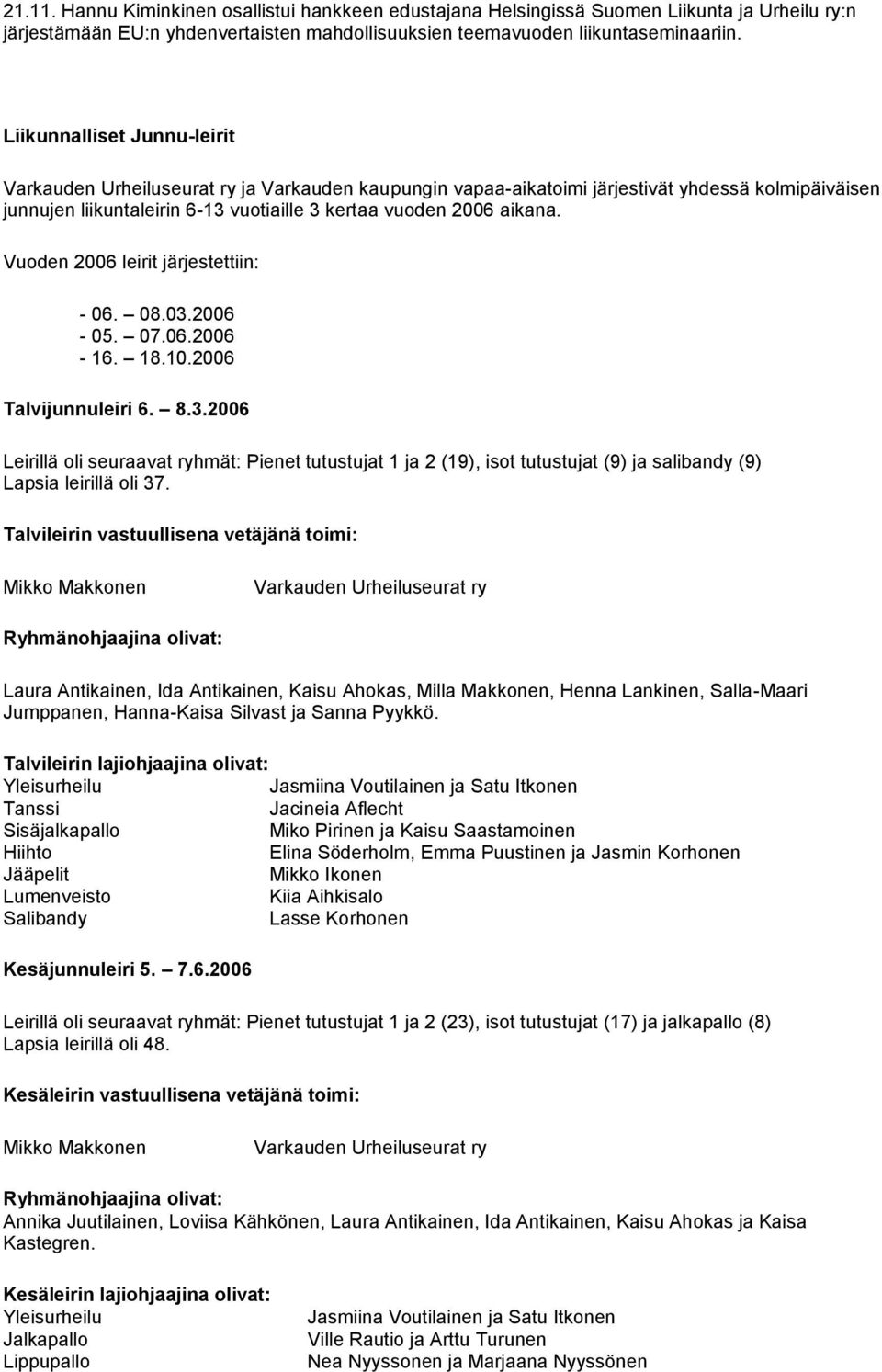 Vuoden 2006 leirit järjestettiin: - 06. 08.03.2006-05. 07.06.2006-16. 18.10.2006 Talvijunnuleiri 6. 8.3.2006 Leirillä oli seuraavat ryhmät: Pienet tutustujat 1 ja 2 (19), isot tutustujat (9) ja salibandy (9) Lapsia leirillä oli 37.