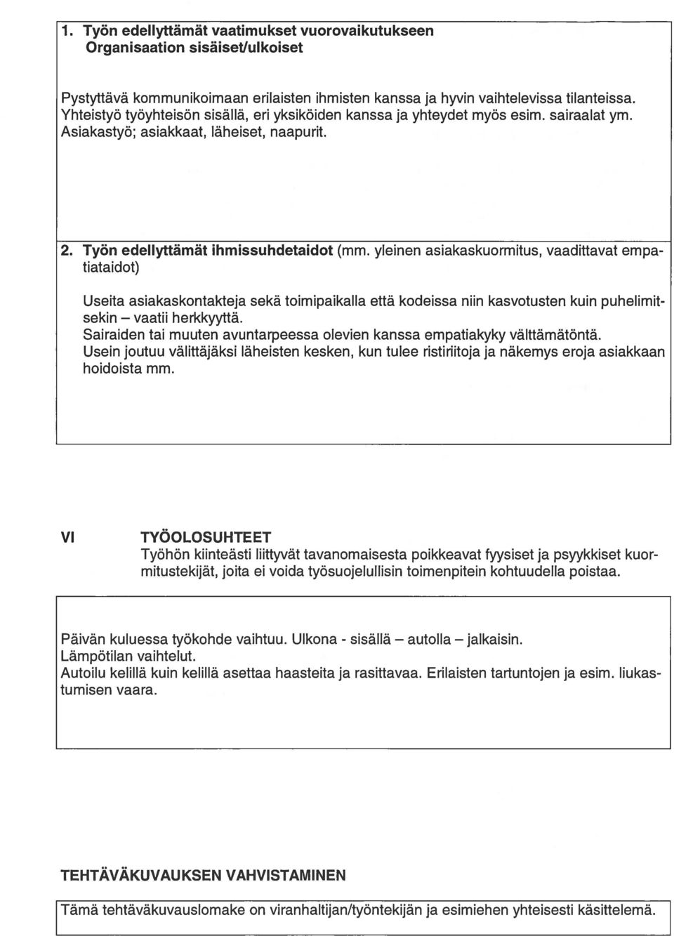 yleinen asiakaskuormitus, vaadittavat empa tiataidot) Useita asiakaskontakteja sekä toimipaikalla että kodeissa niin kasvotusten kuin puhelimit sekin vaatii herkkyyttä.