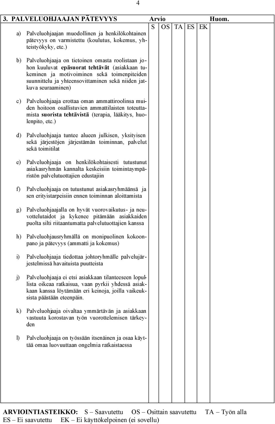 seuraaminen) c) Palveluohjaaja erottaa oman ammattiroolinsa muiden hoitoon osallistuvien ammattilaisten toteuttamista suorista tehtävistä (terapia, lääkitys, huolenpito, etc.