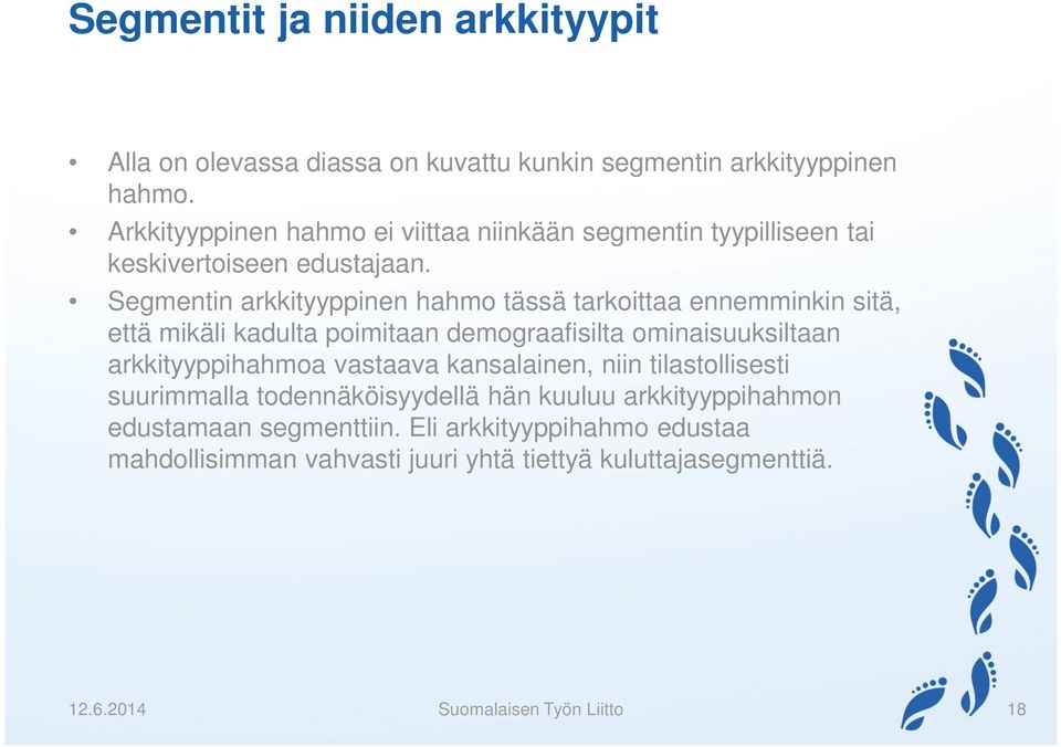 Segmentin arkkityyppinen hahmo tässä tarkoittaa ennemminkin sitä, että mikäli kadulta poimitaan demograafisilta ominaisuuksiltaan arkkityyppihahmoa