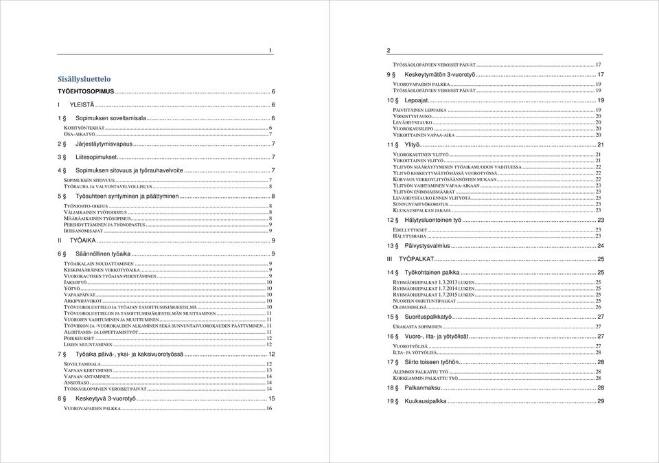 .. 8 VÄLIAIKAINEN TYÖTODISTUS... 8 MÄÄRÄAIKAINEN TYÖSOPIMUS... 8 PEREHDYTTÄMINEN JA TYÖNOPASTUS... 9 IRTISANOMISAJAT... 9 II TYÖAIKA... 9 6 Säännöllinen työaika... 9 TYÖAIKALAIN NOUDATTAMINEN.