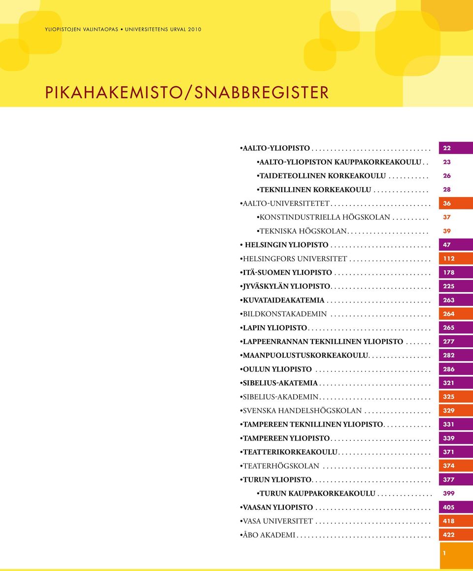 .......................... 47 HELSINGFORS UNIVERSITET...................... 112 itä-suomen YLIOPISTO.......................... 178 JYVÄSKYLÄN YLIOPISTO.......................... 225 KUVATAIDEAKATEMIA.