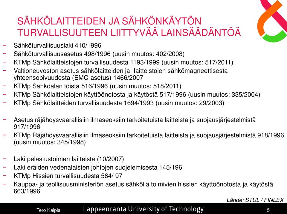 516/1996 (uusin muutos: 518/2011) KTMp Sähkölaitteistojen käyttöönotosta ja käytöstä 517/1996 (uusin muutos: 335/2004) KTMp Sähkölaitteiden turvallisuudesta 1694/1993 (uusin muutos: 29/2003) Asetus