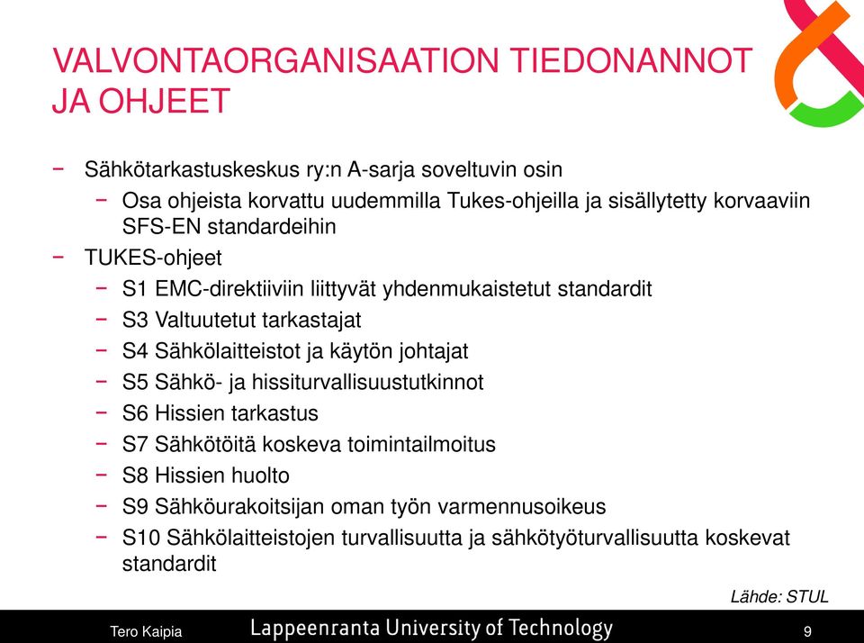 Sähkölaitteistot ja käytön johtajat S5 Sähkö- ja hissiturvallisuustutkinnot S6 Hissien tarkastus S7 Sähkötöitä koskeva toimintailmoitus S8 Hissien