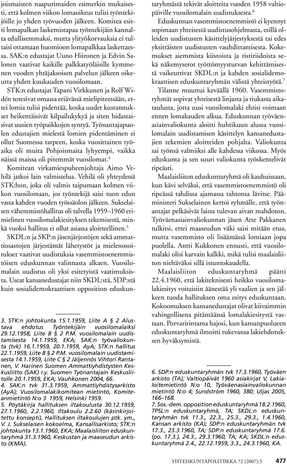 1.1959, EKA; Vauhkonen 2004, 66. 4. SAK:n tvk 31.3.1959, Ammattiyhdistysarkisto (AyA); Vuosilomalakikomitean mietintö, Komiteanmietintö N:o 3 1959, Helsinki 1959. 5.