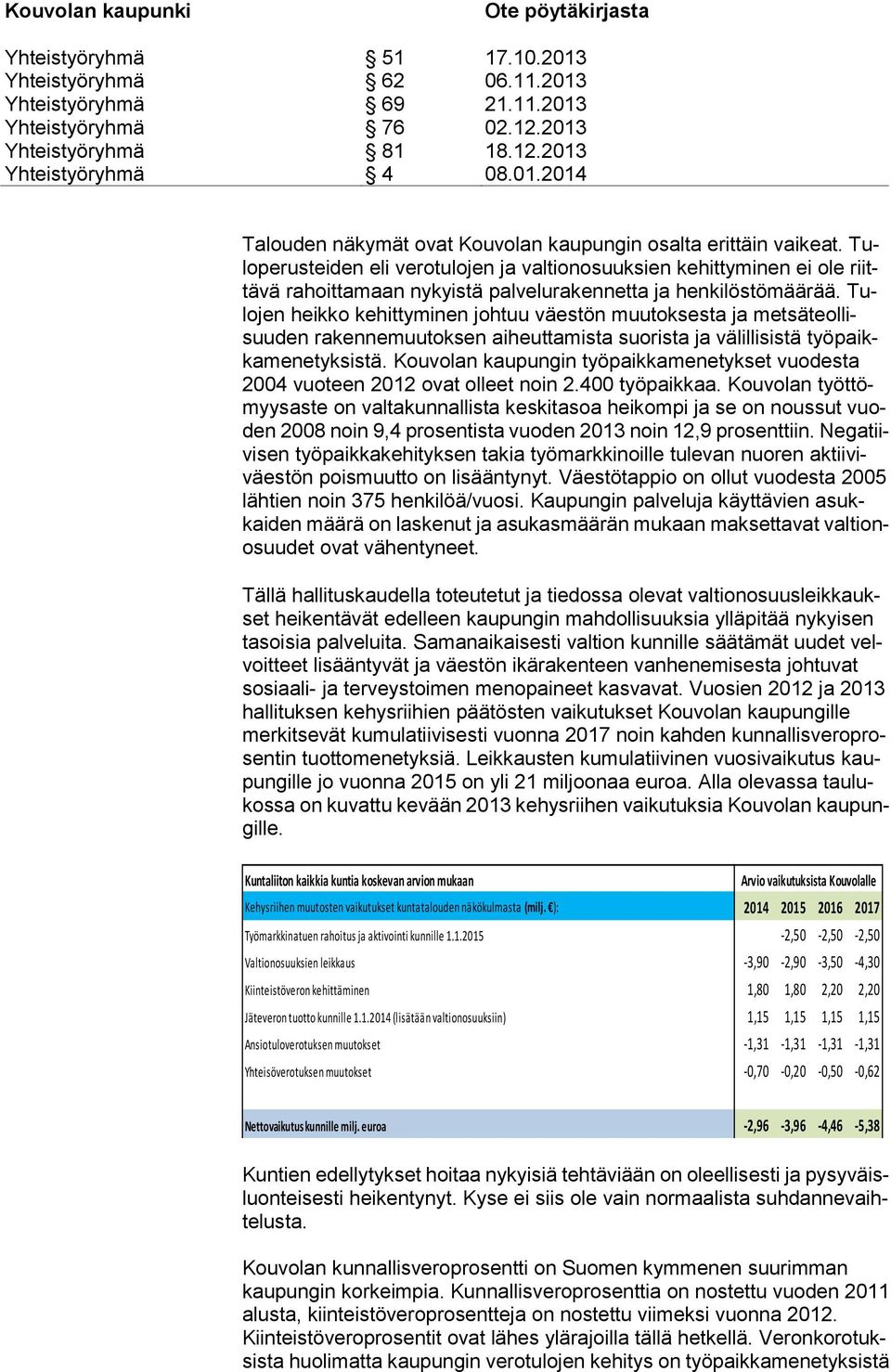 Tulojen heikko kehittyminen johtuu väestön muutoksesta ja metsäteollisuuden rakennemuutoksen aiheuttamista suorista ja välillisistä työpaikkamenetyksistä.