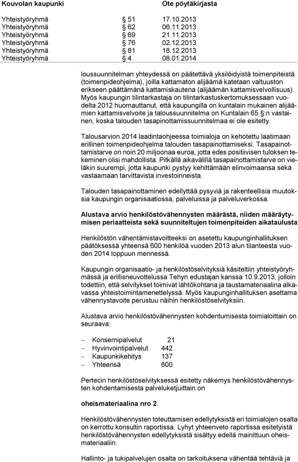 Myös kaupungin tilintarkastaja on tilintarkastuskertomuksessaan vuodelta 2012 huomauttanut, että kaupungilla on kuntalain mukainen alijäämien kattamisvelvoite ja taloussuunnitelma on Kuntalain 65 :n