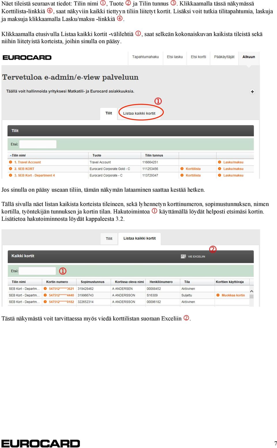 Klikkaamalla etusivulla Listaa kaikki kortit -välilehtiä, saat selkeän kokonaiskuvan kaikista tileistä sekä niihin liitetyistä korteista, joihin sinulla on pääsy.