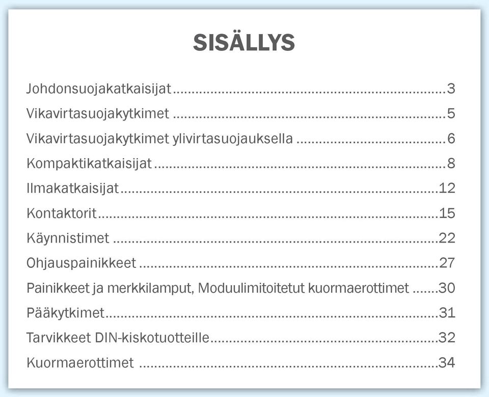 ..8 Ilmakatkaisijat... Kontaktorit...5 Käynnistimet... Ohjauspainikkeet.