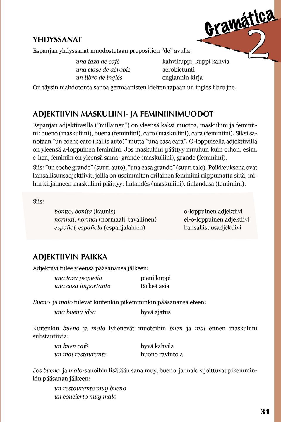Gramática ADJEKTIIVIN MASKULIINI- JA FEMINIINIMUODOT Espanjan adjektiiveilla ( millainen ) on yleensä kaksi muotoa, maskuliini ja feminiini: bueno (maskuliini), buena (feminiini), caro (maskuliini),