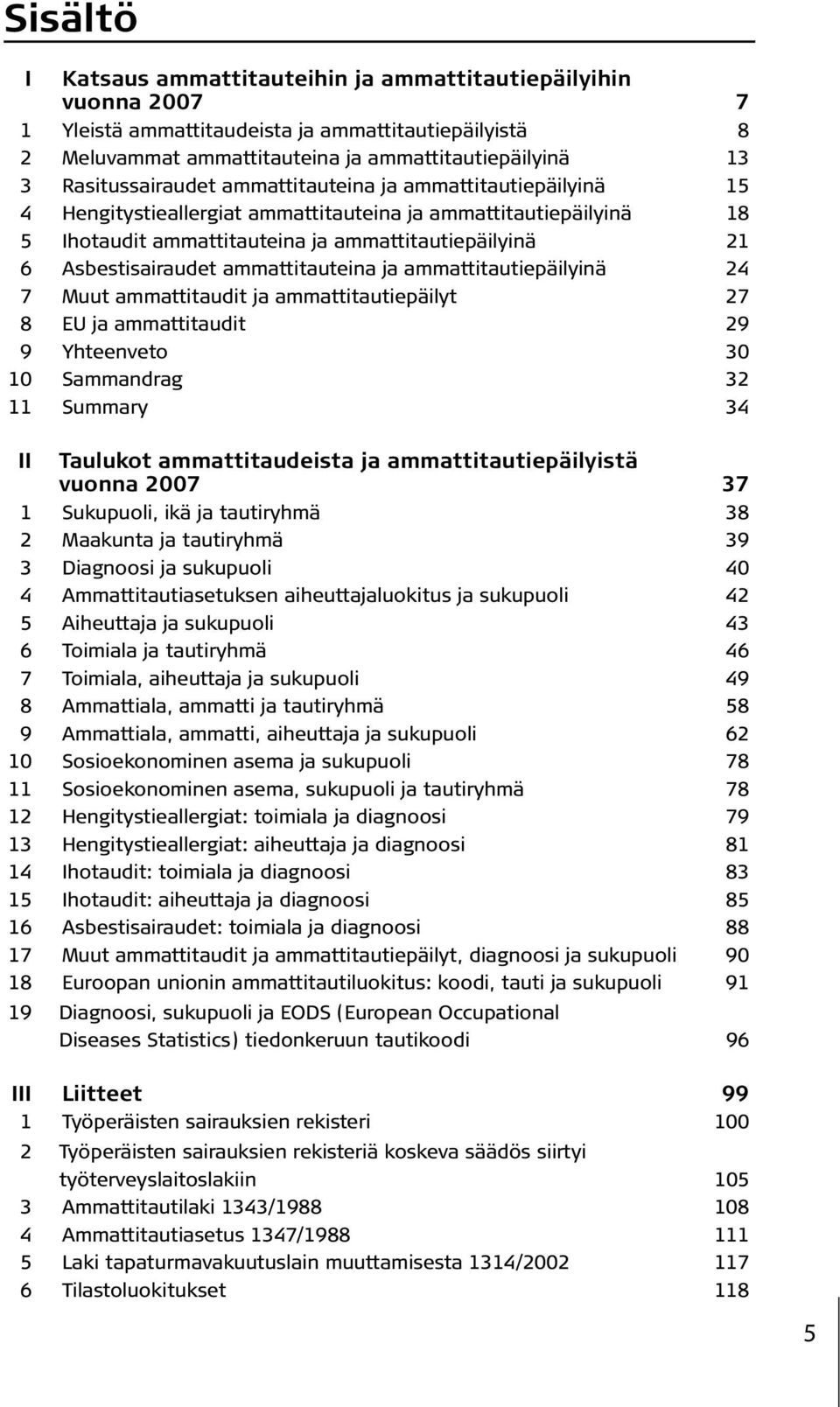 Asbestisairaudet ammatti tauteina ja ammattitautiepäilyinä 24 7 Muut ammattitaudit ja ammattitautiepäilyt 27 8 EU ja ammattitaudit 29 9 Yhteenveto 30 10 Sammandrag 32 11 Summary 34 II Taulukot