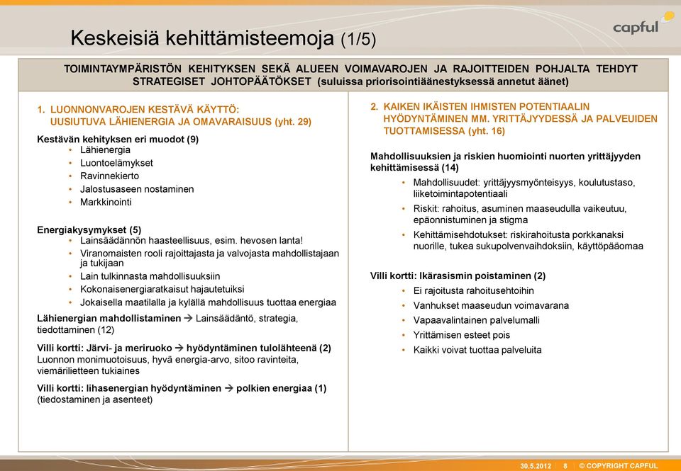 29) Kestävän kehityksen eri muodot (9) Lähienergia Luontoelämykset Ravinnekierto Jalostusaseen nostaminen Markkinointi Energiakysymykset (5) Lainsäädännön haasteellisuus, esim. hevosen lanta!