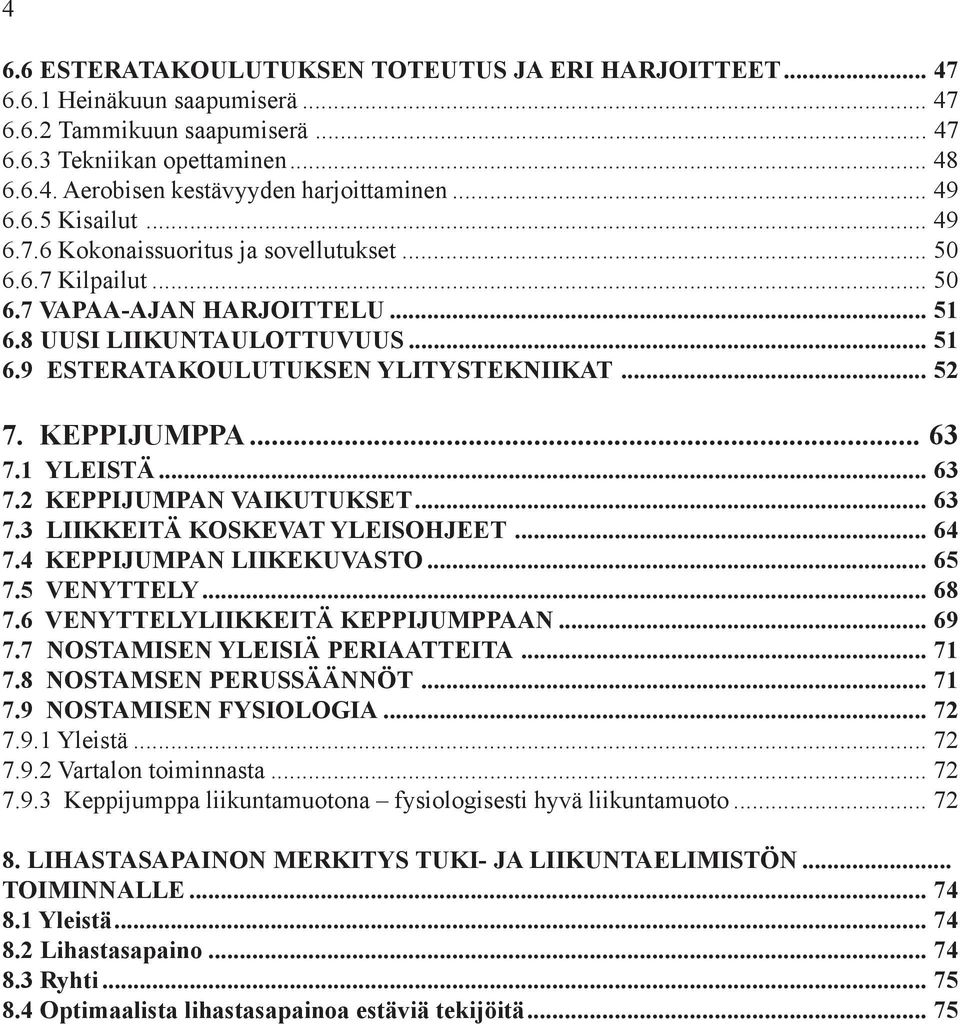 .. 52 7. KEPPIJUMPPA... 63 7.1 YLEISTÄ... 63 7.2 KEPPIJUMPAN VAIKUTUKSET... 63 7.3 LIIKKEITÄ KOSKEVAT YLEISOHJEET... 64 7.4 KEPPIJUMPAN LIIKEKUVASTO... 65 7.5 VENYTTELY... 68 7.