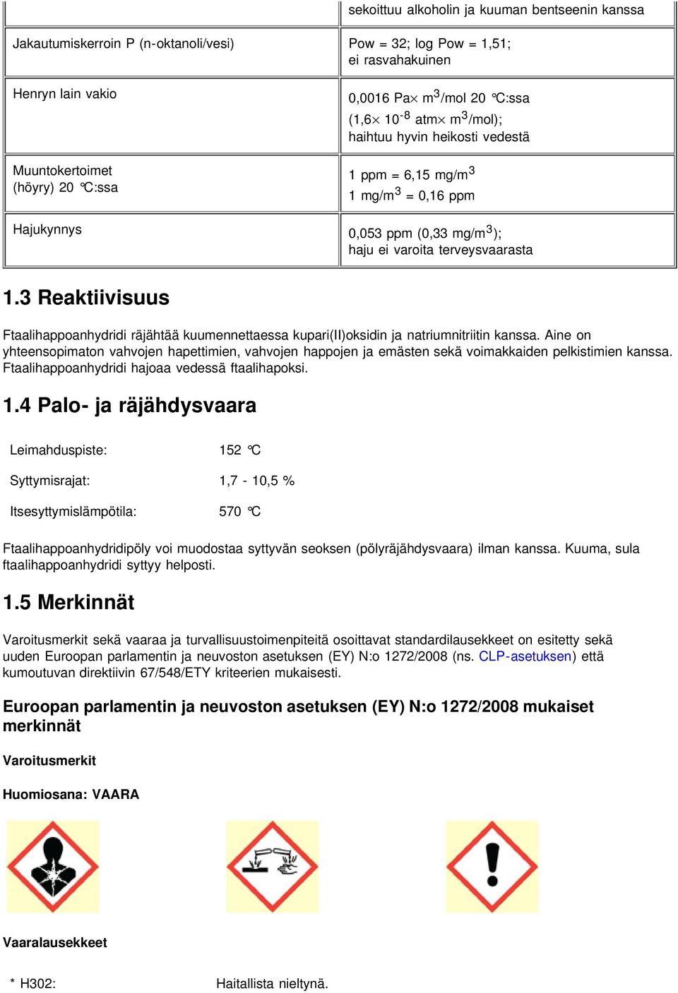 3 Reaktiivisuus Ftaalihappoanhydridi räjähtää kuumennettaessa kupari(ii)oksidin ja natriumnitriitin kanssa.