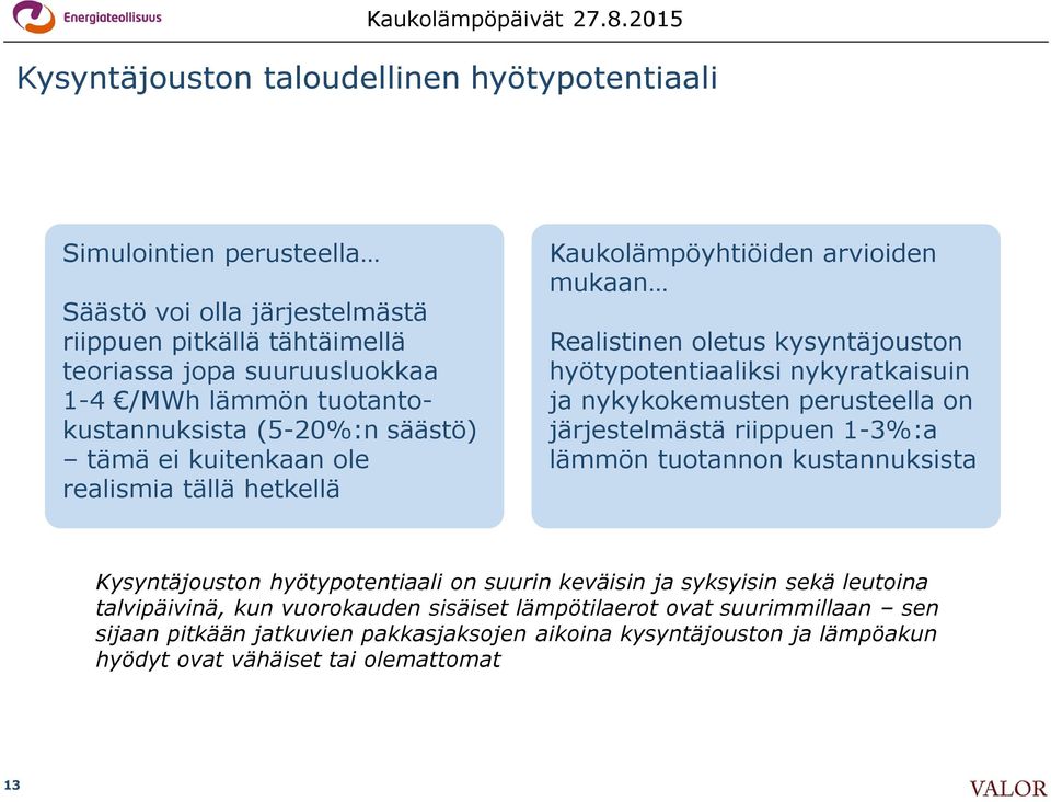 nykyratkaisuin ja nykykokemusten perusteella on järjestelmästä riippuen 1-3%:a lämmön tuotannon kustannuksista Kysyntäjouston hyötypotentiaali on suurin keväisin ja syksyisin sekä