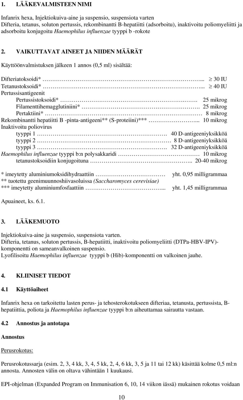 .. 40 IU Pertussisantigeenit Pertussistoksoidi*.. 25 mikrog Filamenttihemagglutiniini*. 25 mikrog Pertaktiini* 8 mikrog Rekombinantti hepatiitti B -pinta-antigeeni** (S-proteiini)***.