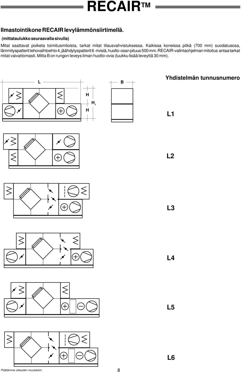 Kaikissa koneissa pitkä (700 mm) suodatusosa, lämmityspatterit tehovaihtoehto 4, jäähdytyspatterit 6 -rivisiä,