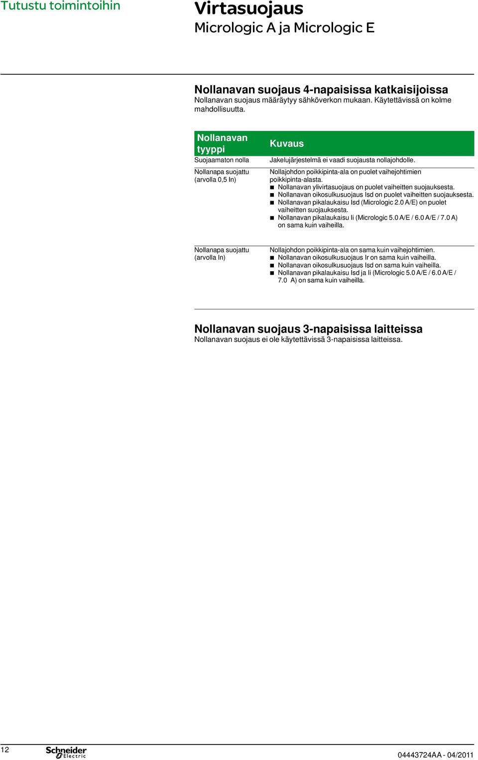 Nollanavan ylivirasuojaus on puole vaiheien suojauksesa. Nollanavan oikosulkusuojaus Isd on puole vaiheien suojauksesa. Nollanavan pikalaukaisu Isd (Micrologic 2.0 /E) on puole vaiheien suojauksesa.