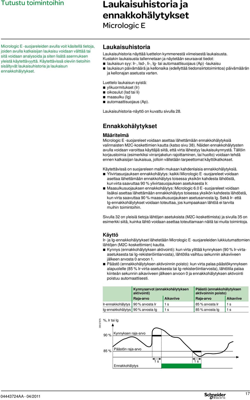 Kusakin laukaisusa allenneaan ja näyeään seuraava iedo: laukaisun syy: Ir-, Isd-, Ii-, Ig- ai auomaaisuojaus (p) -laukaisu laukaisun päivämäärä ja kellonaika (edellyää iedonsiirooiminoa) päivämäärän