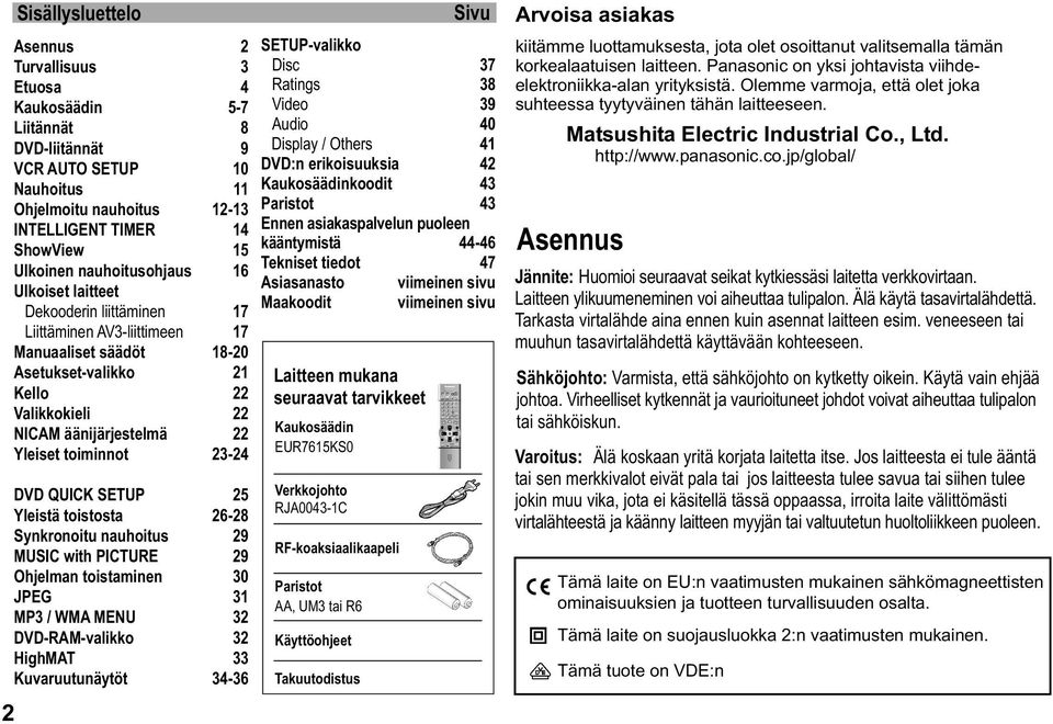 Nauhoitus 11 Ohjelmoitu nauhoitus 12-13 INTELLIGENT TIMER 14 ShowView 15 Ulkoinen nauhoitusohjaus 16 Ulkoiset laitteet Dekooderin liittäminen 17 Liittäminen AV3-liittimeen 17 Manuaaliset säädöt 18-20