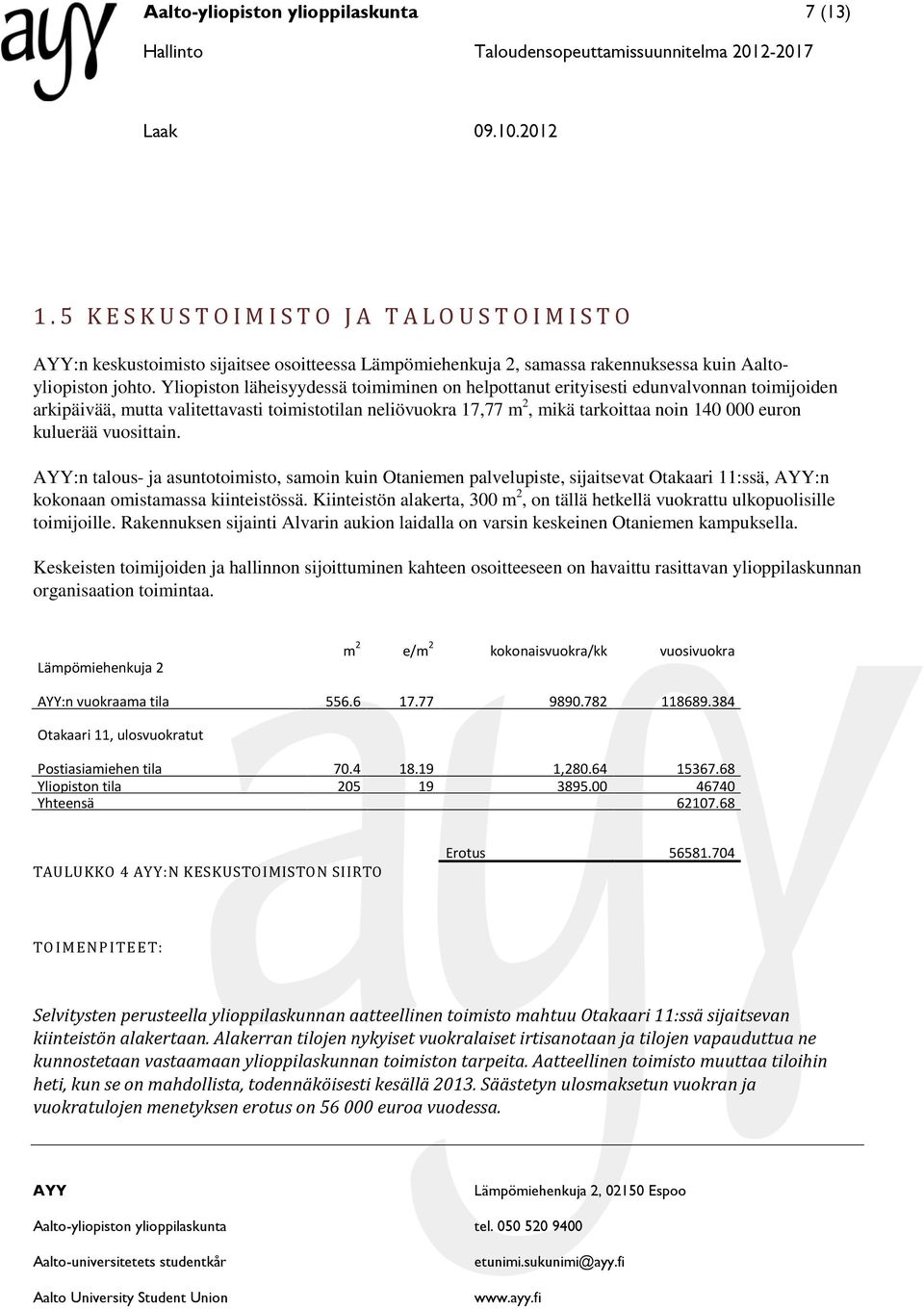 kuluerää vuosittain. :n talous- ja asuntotoimisto, samoin kuin Otaniemen palvelupiste, sijaitsevat Otakaari 11:ssä, :n kokonaan omistamassa kiinteistössä.