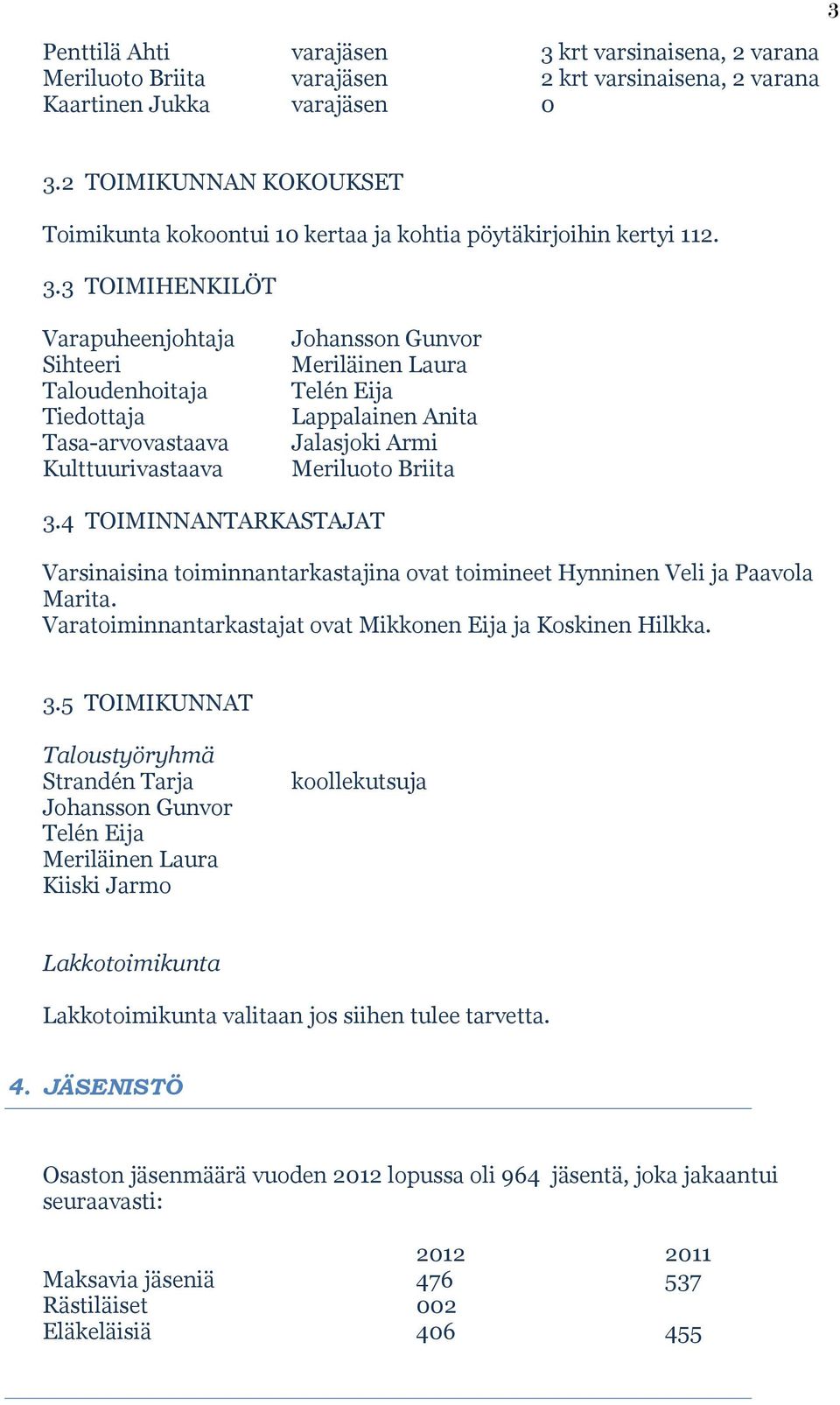 3 TOIMIHENKILÖT Varapuheenjohtaja Sihteeri Taloudenhoitaja Tiedottaja Tasa-arvovastaava Kulttuurivastaava Johansson Gunvor Meriläinen Laura Telén Eija Lappalainen Anita Jalasjoki Armi Meriluoto