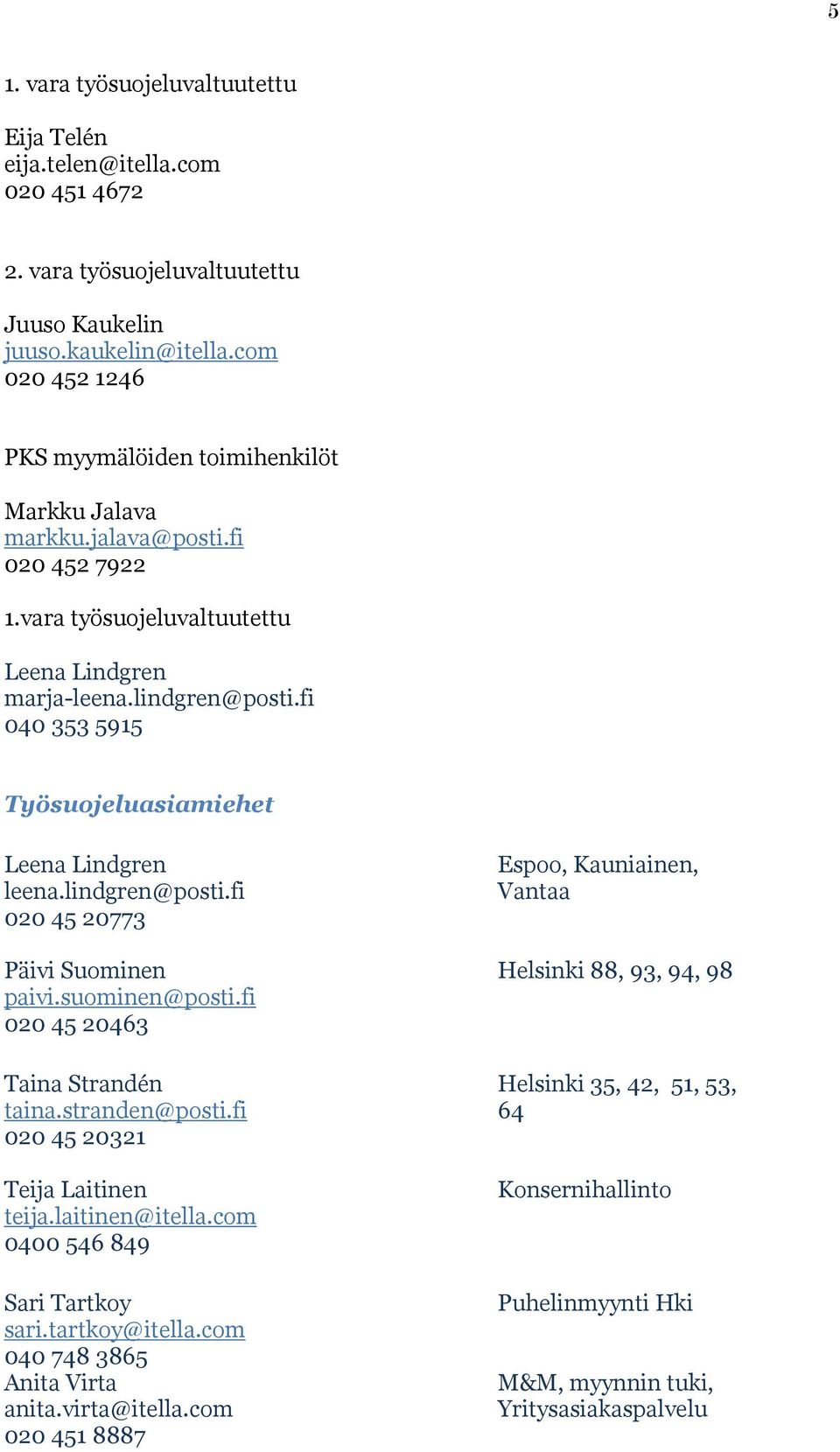 fi 040 353 5915 Työsuojeluasiamiehet Leena Lindgren leena.lindgren@posti.fi 020 45 20773 Päivi Suominen paivi.suominen@posti.fi 020 45 20463 Taina Strandén taina.stranden@posti.