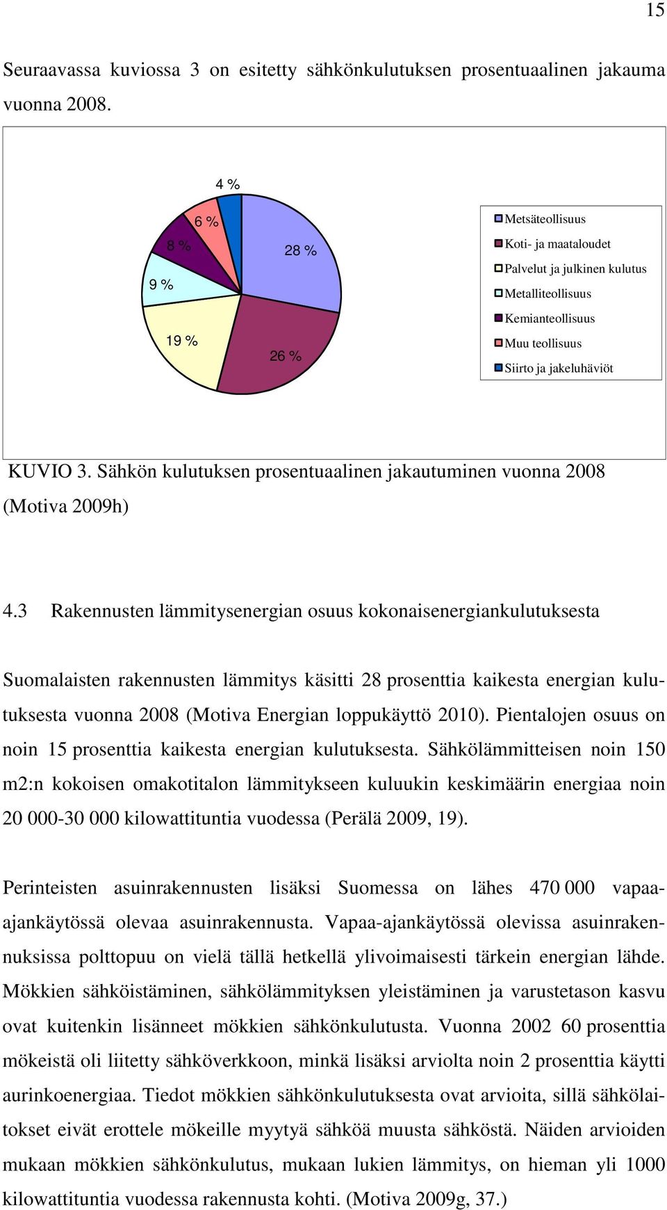 Sähkön kulutuksen prosentuaalinen jakautuminen vuonna 2008 (Motiva 2009h) 4.