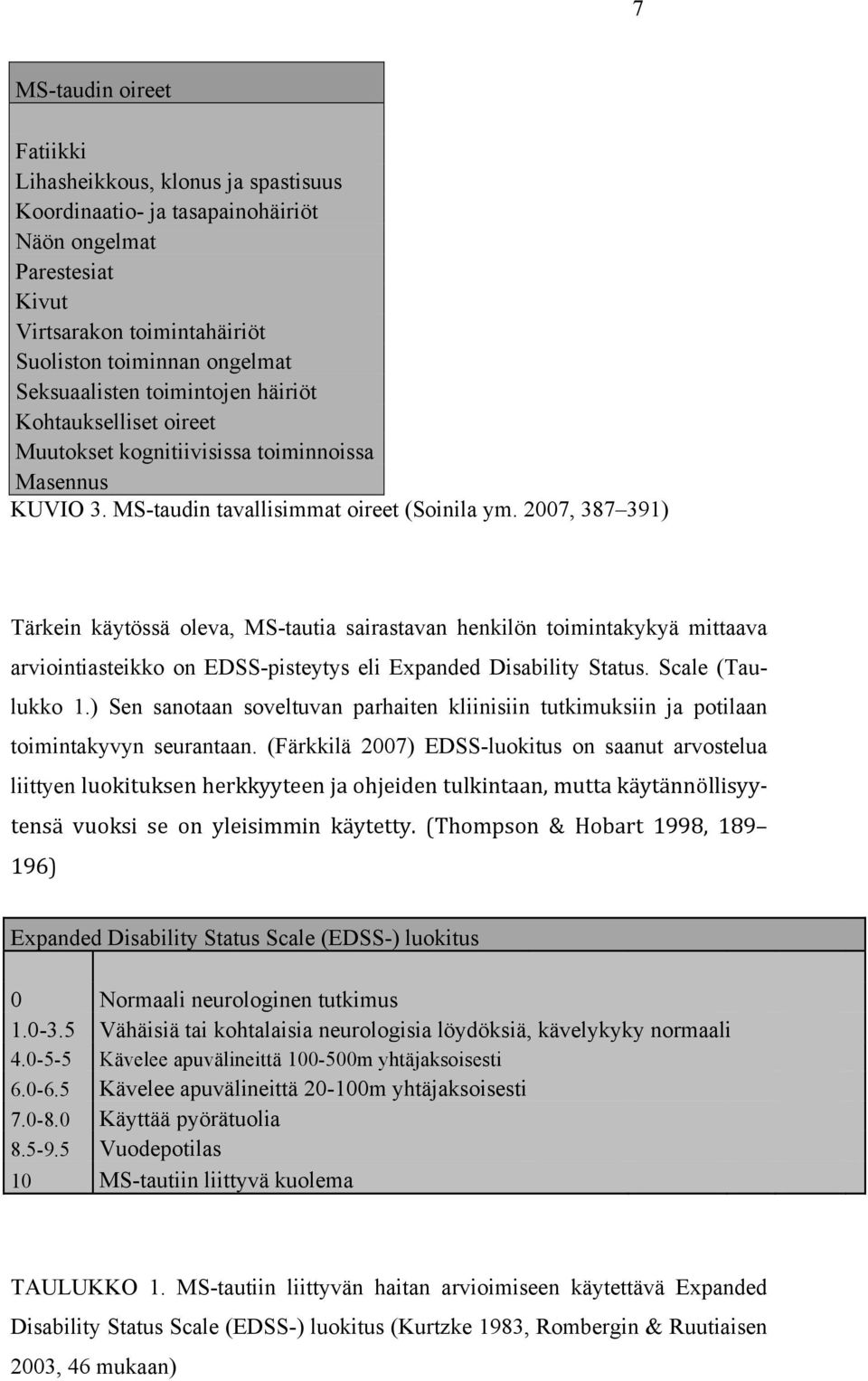 2007, 387 391) Tärkein käytössä oleva, MS-tautia sairastavan henkilön toimintakykyä mittaava arviointiasteikko on EDSS-pisteytys eli Expanded Disability Status. Scale (Taulukko 1.