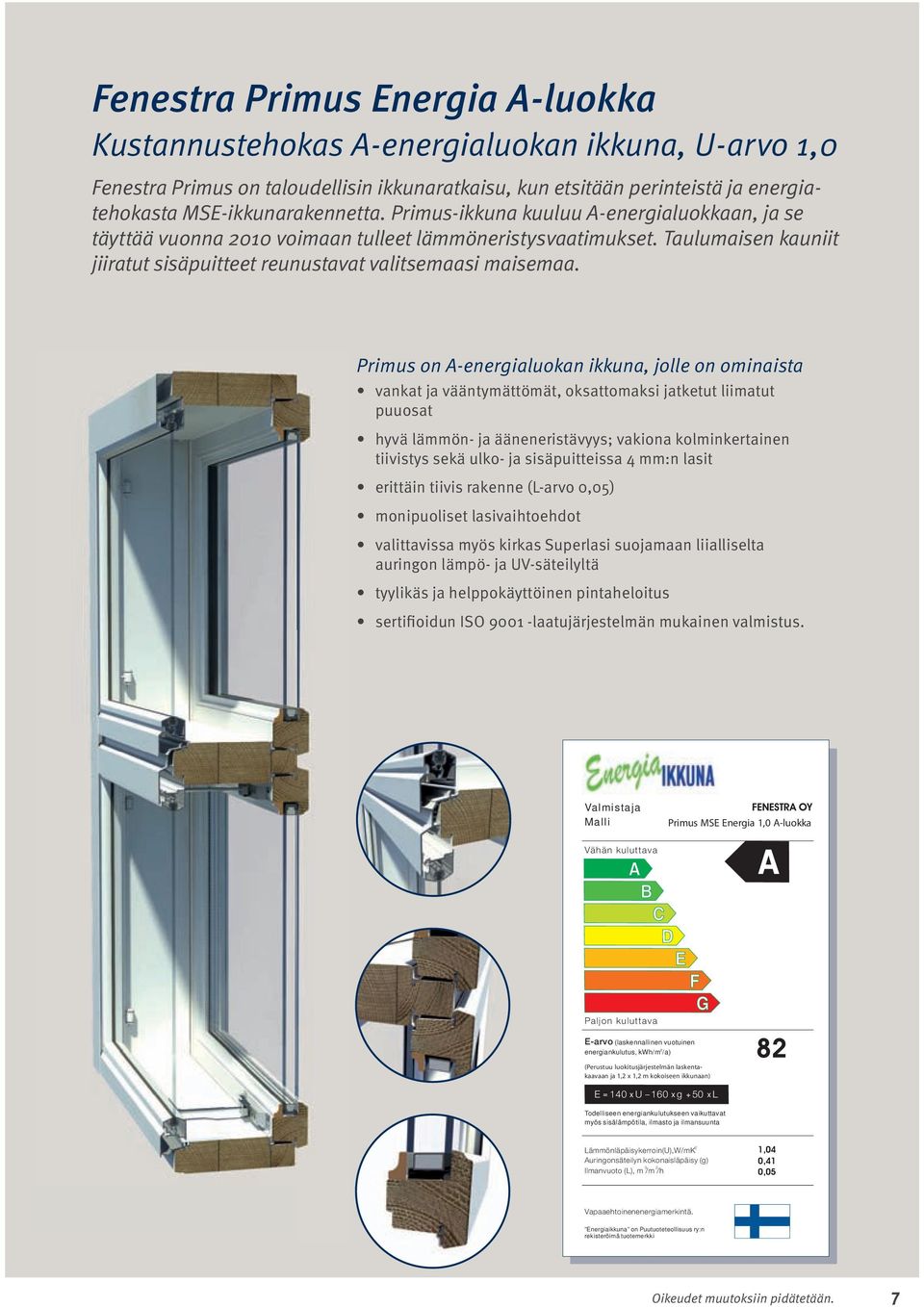 Primus on A-energialuokan ikkuna, jolle on ominaista vankat ja vääntymättömät, oksattomaksi jatketut liimatut puuosat hyvä lämmön- ja ääneneristävyys; vakiona kolminkertainen tiivistys sekä ulko- ja