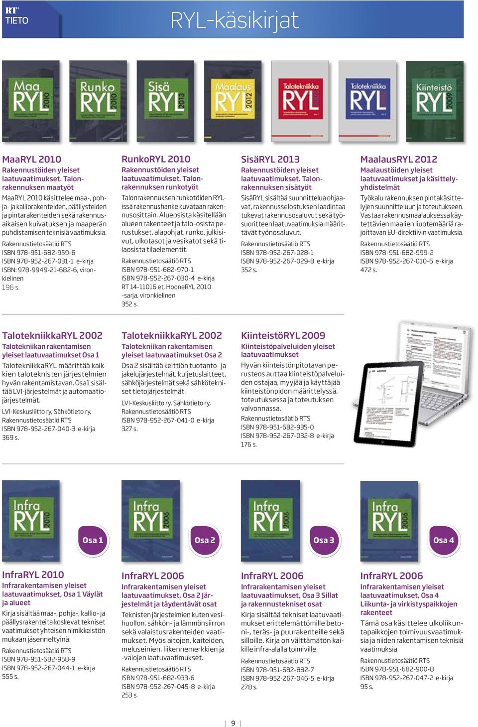 ISBN 978-951-682-959-6 ISBN 978-952-267-031-1 e-kirja ISBN: 978-9949-21-682-6, vironkielinen 196 s. RunkoRYL 2010 Rakennustöiden yleiset laatuvaatimukset.
