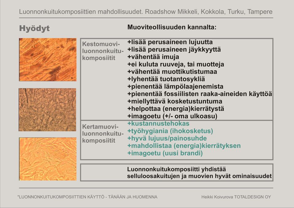 fossiilisten raaka-aineiden käyttöä +miellyttävä kosketustuntuma +helpottaa (energia)kierrätystä +imagoetu (+/- oma ulkoasu) +kustannustehokas +työhygiania