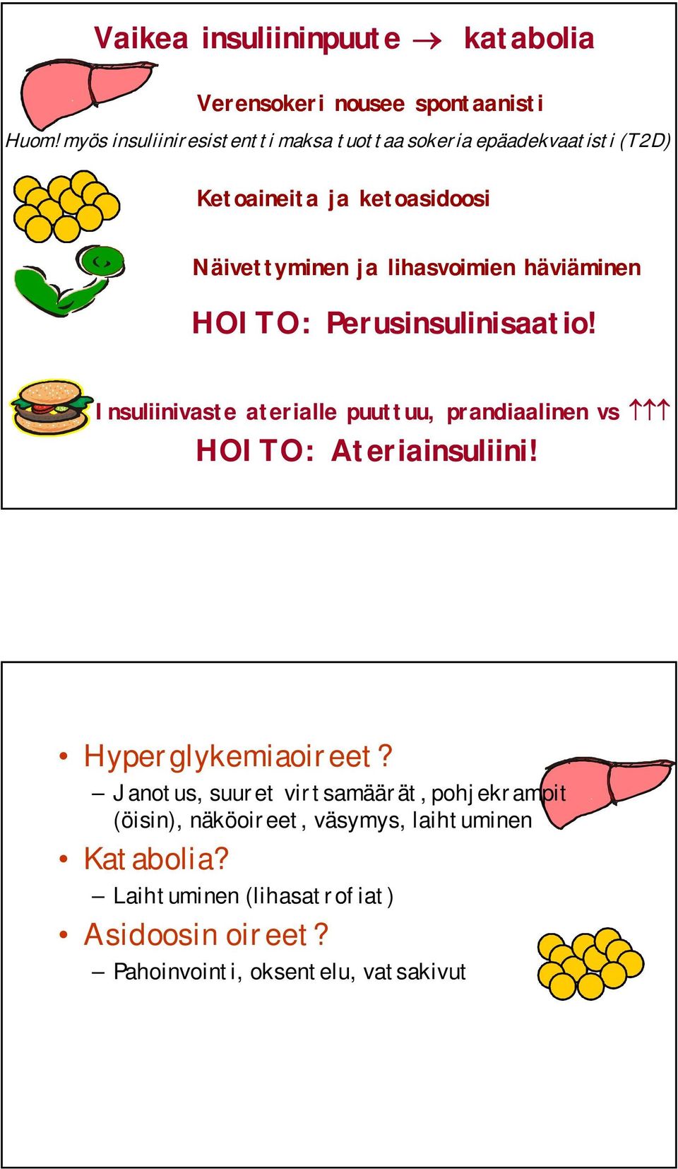 häviäminen HOITO: Perusinsulinisaatio! Insuliinivaste aterialle puuttuu, prandiaalinen vs HOITO: Ateriainsuliini!