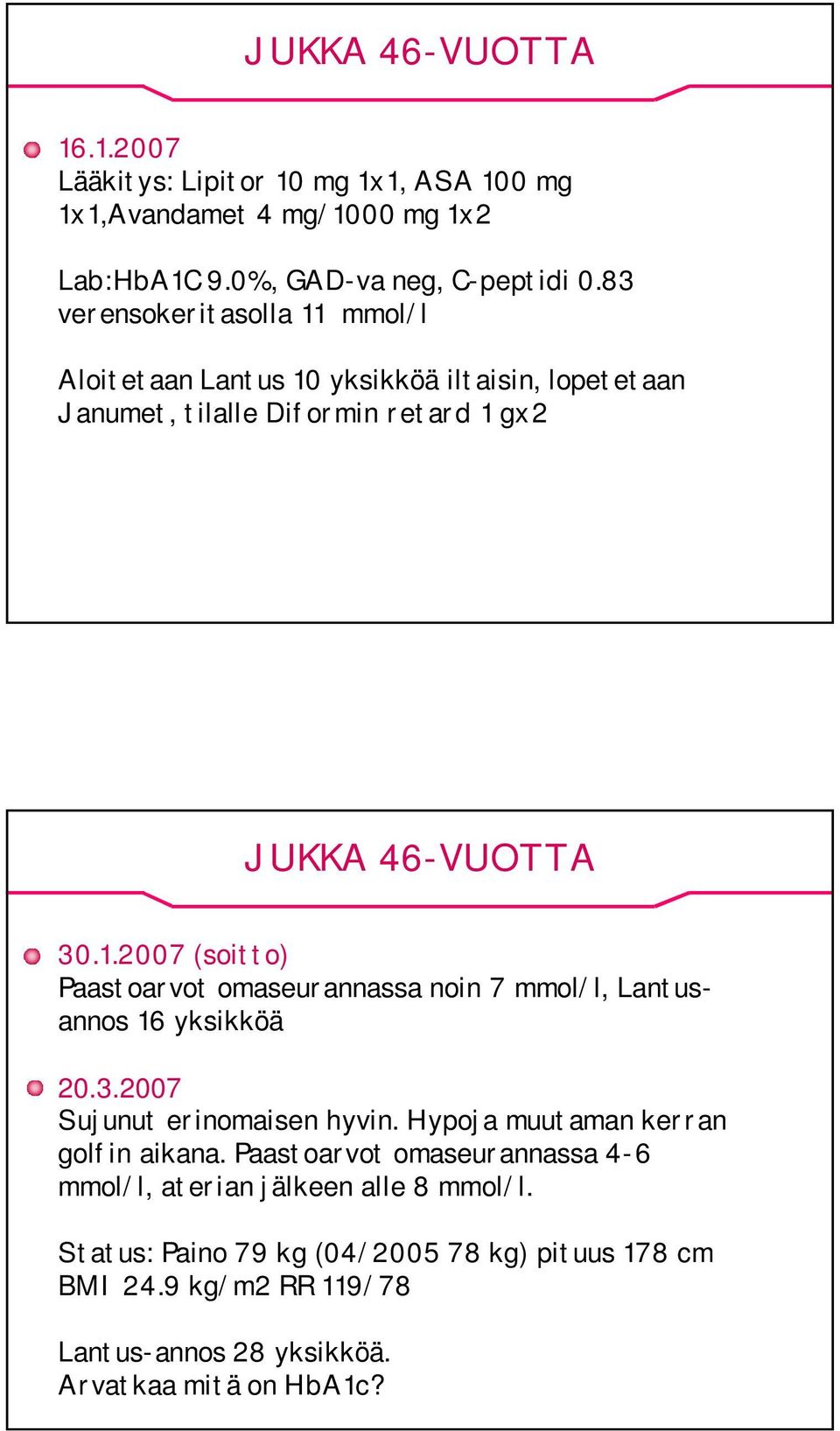 3.2007 Sujunut erinomaisen hyvin. Hypoja muutaman kerran golfin aikana. Paastoarvot omaseurannassa 4-6 mmol/l, aterian jälkeen alle 8 mmol/l.