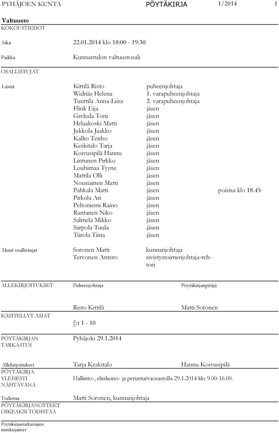 varapuheenjohtaja Flink Eija Grekula Toni Helaakoski Matti Jukkola Jaakko Kallio Tenho Keskitalo Tarja Koivusipilä Hannu Lintunen Pirkko Louhimaa Tyyne Mattila Olli Nousiainen Matti Pahkala Matti