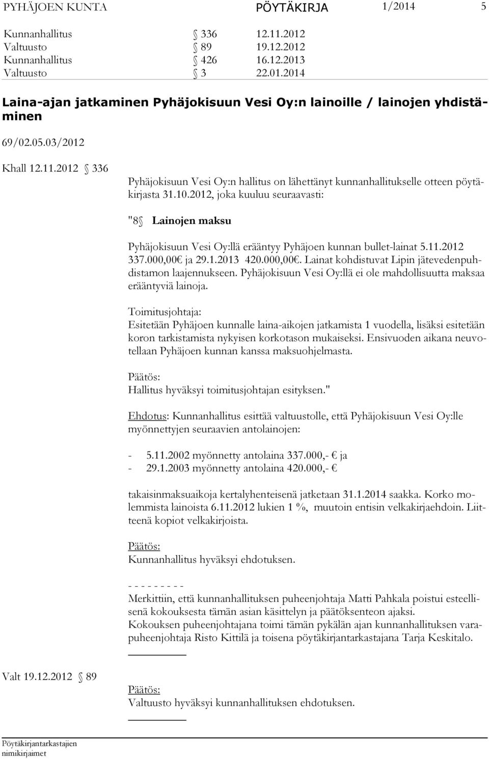 2012, joka kuuluu seuraavasti: "8 Lainojen maksu Pyhäjokisuun Vesi Oy:llä erääntyy Pyhäjoen kunnan bullet-lainat 5.11.2012 337.000,00 ja 29.1.2013 420.000,00. Lainat kohdistuvat Lipin jätevedenpuhdistamon laajennukseen.