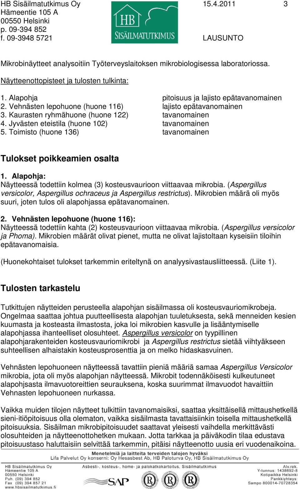 Kaurasten ryhmähuone (huone 122) tavanomainen 4. Jyvästen eteistila (huone 102) tavanomainen 5. Toimisto (huone 136) tavanomainen Tulokset poikkeamien osalta 1.