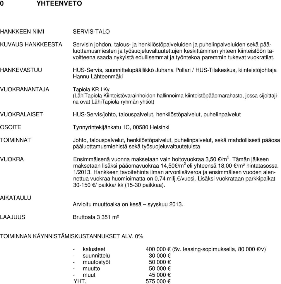 HUS-Servis, suunnittelupäällikkö Juhana Pollari / HUS-Tilakeskus, kiinteistöjohtaja Hannu Lähteenmäki Tapiola KR I Ky (LähiTapiola Kiinteistövarainhoidon hallinnoima kiinteistöpääomarahasto, jossa