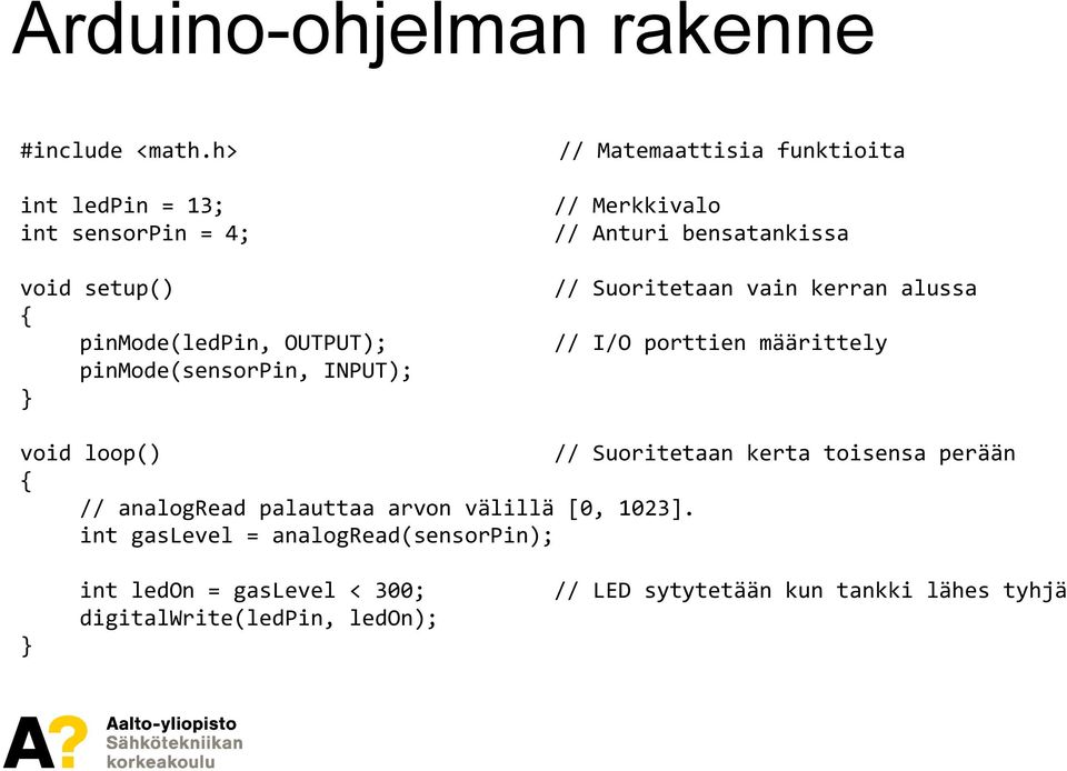 INPUT); // Merkkivalo // Anturi bensatankissa // Suoritetaan vain kerran alussa // I/O porttien määrittely void loop() //