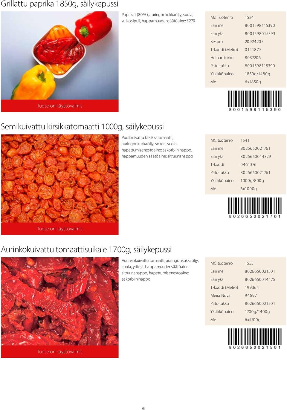 auringonkukkaöljy, sokeri, suola, hapettumisenestoaine: askorbiinihappo, happamuuden säätöaine: sitruunahappo MC tuotenro 1541 Ean me 8026650021761 Ean yks 8026650014329 T-koodi 0461376 Patu-tukku