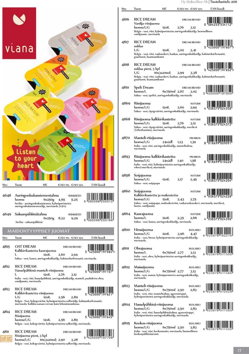 2,99 3,38 Belgia - vesi, riisi, raakasokeri, kaakao, auringonkukkaöljy, kalsiumkarbonaatti, guarkumi, ksantaanikumi 4810 Spelt Dream Dream Brand luomu/l 6x750ml 2,67 3,02 Saksa - vesi, speltti,