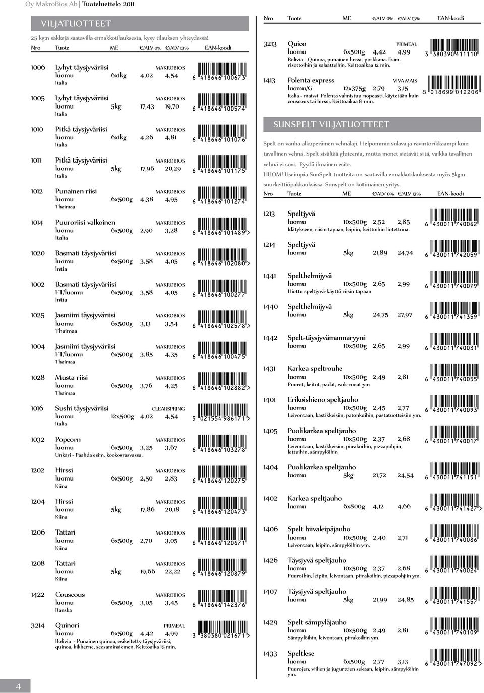 Pitkä täysjyväriisi MAKROBIOS luomu 5kg 17,96 20,29 Italia 1012 Punainen riisi MAKROBIOS luomu 6x500g 4,38 4,95 Thaimaa 1014 Puuroriisi valkoinen MAKROBIOS luomu 6x500g 2,90 3,28 Italia 1020 Basmati
